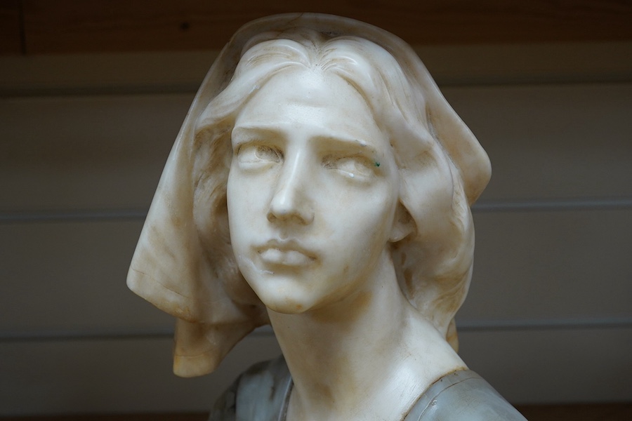 After Giuseppe Bessi (1857-1922) carved alabaster bust of Joan of Arc, plaque reads ‘A Adrien Nodot ses collègues et amis de La Maison H. Chanée & Cie 1890-1921’, 30cm. Condition - fair to good